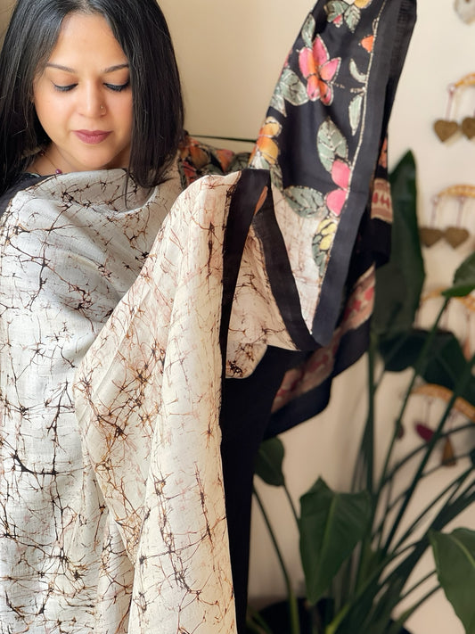 Handpainted & Batik Hand Dyed Dupatta in Handwoven Mul Silk