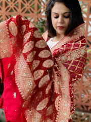 Red Handwoven NeemZari Bareek Bandhani with Dabka Handwork in Pure Georgette