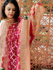 Pink Handwoven NeemZari Bareek Bandhani with Dabka Handwork in Pure Georgette