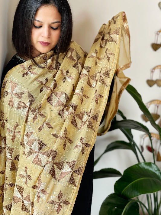 Beige Handmade Desginer Phulkari Dupatta in Pure Chinon