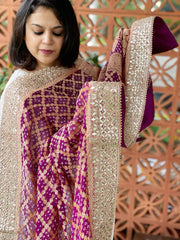 Wine Handwoven NeemZari Bareek Bandhani with Gotapatti Handwork in Pure Georgette