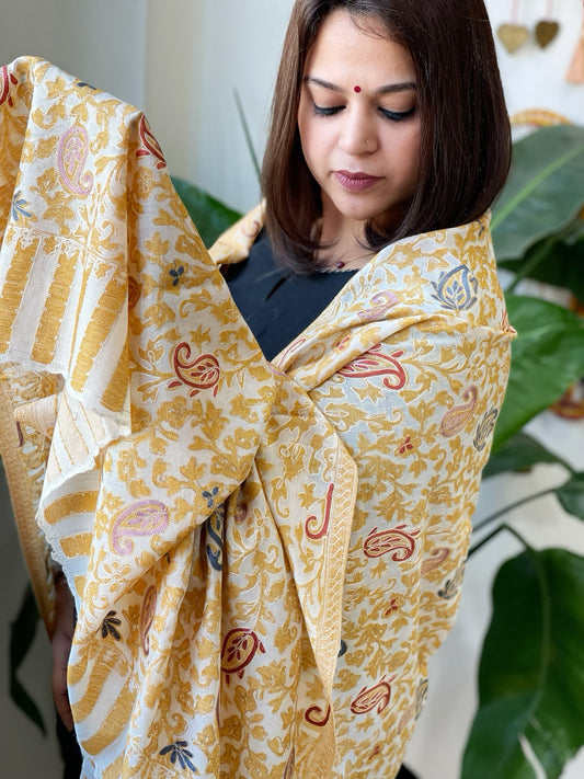 Mustard, White Woven Pashmina Kaani Shawl with Thread Embroidery