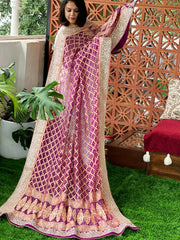 Wine Handwoven NeemZari Bareek Bandhani with Gotapatti Handwork in Pure Georgette