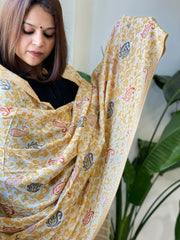 Mustard, White Woven Pashmina Kaani Shawl with Thread Embroidery