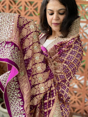 Wine Handwoven NeemZari Bareek Bandhani with Gotapatti Handwork in Pure Georgette