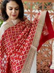 Red Handwoven NeemZari Bareek Bandhani with Gotapatti Handwork in Pure Georgette