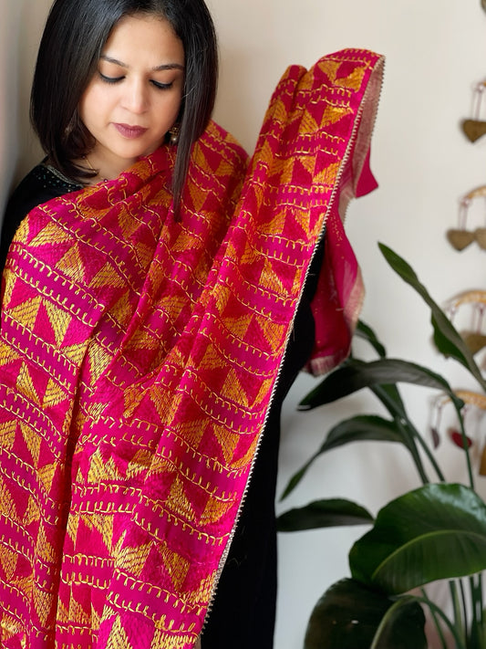Pink Handmade Desginer Phulkari Dupatta in Pure Chinon