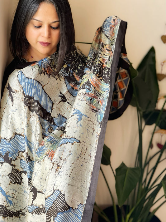Handpainted & Batik Hand Dyed Dupatta in Handwoven Mul Silk