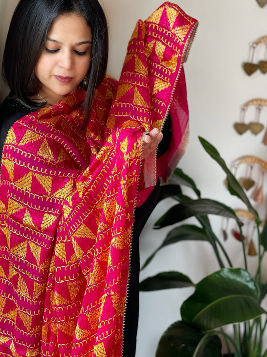 Pink Handmade Desginer Phulkari Dupatta in Pure Chinon