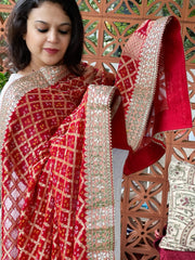 Red Handwoven NeemZari Bareek Bandhani with Gotapatti Handwork in Pure Georgette