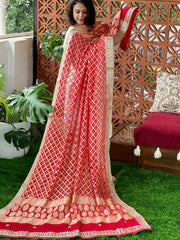 Red Handwoven NeemZari Bareek Bandhani with Gotapatti Handwork in Pure Georgette