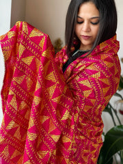 Pink Handmade Desginer Phulkari Dupatta in Pure Chinon