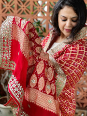 Red Handwoven NeemZari Bareek Bandhani with Gotapatti Handwork in Pure Georgette
