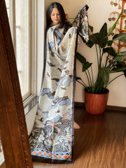 Handpainted & Batik Hand Dyed Dupatta in Handwoven Mul Silk