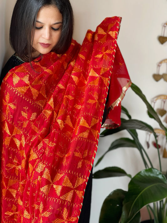 Red Handmade Desginer Phulkari Dupatta in Pure Chinon