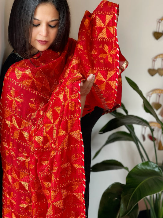 Red Handmade Desginer Phulkari Dupatta in Pure Chinon