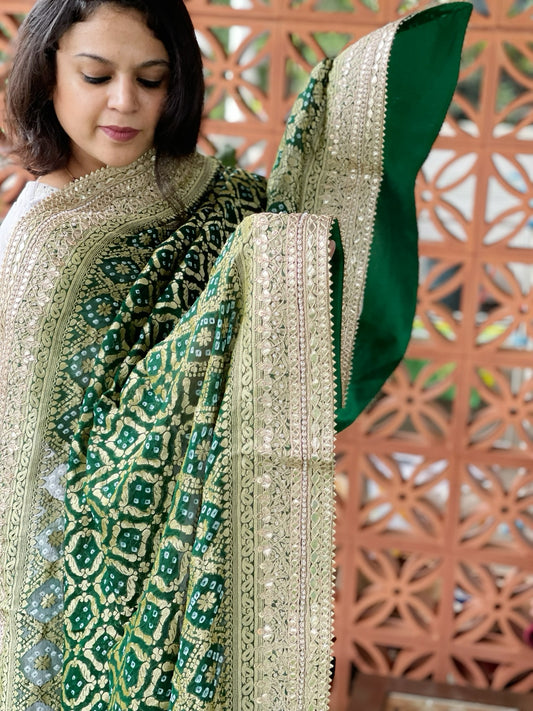 Green Handwoven NeemZari Bareek Bandhani with Gotapatti Handwork in Pure Georgette