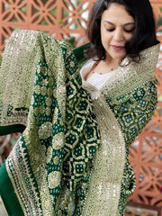Green Handwoven NeemZari Bareek Bandhani with Gotapatti Handwork in Pure Georgette