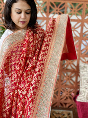 Red Handwoven NeemZari Bareek Bandhani with Gotapatti Handwork in Pure Georgette