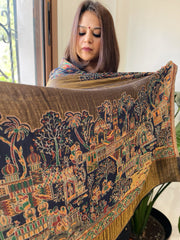 Navy Woven Zari Pashmina Shawl with Kaani Design Border & Pallu