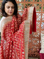 Red Handwoven NeemZari Bareek Bandhani with Gotapatti Handwork in Pure Georgette