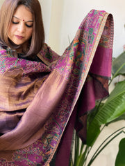 Rani Pink Woven Zari Pashmina Shawl with Kaani Design Border & Pallu