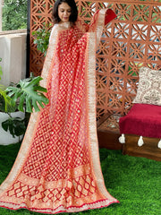 Red Handwoven NeemZari Bareek Bandhani with Gotapatti Handwork in Pure Georgette
