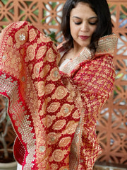 Red Handwoven NeemZari Bareek Bandhani with Gotapatti Handwork in Pure Georgette