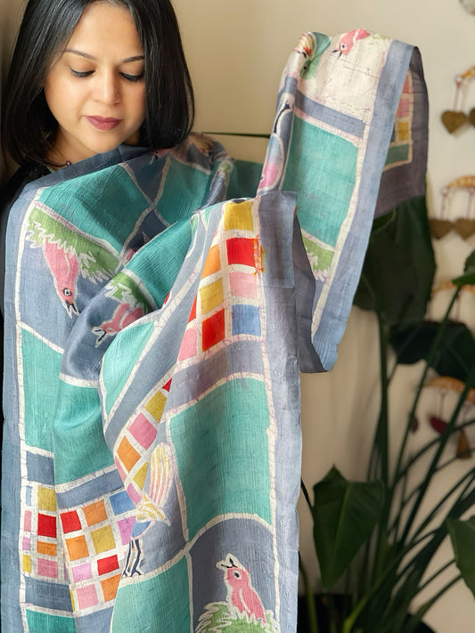 Handpainted & Batik Hand Dyed Dupatta in Handwoven Mul Silk
