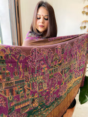 Rani Pink Woven Zari Pashmina Shawl with Kaani Design Border & Pallu