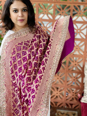 Wine Handwoven NeemZari Bareek Bandhani with Gotapatti Handwork in Pure Georgette