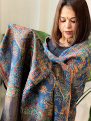 Blue Woven Zari Pashmina Shawl with Kaani Design Border & Pallu