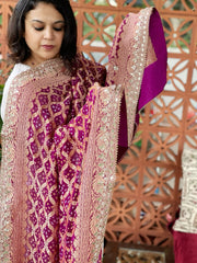 Wine Handwoven NeemZari Bareek Bandhani with Gotapatti Handwork in Pure Georgette