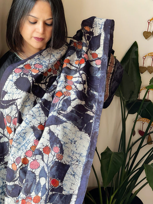 Handpainted & Batik Hand Dyed Dupatta in Handwoven Mul Silk
