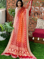 Orange, Red Handwoven NeemZari Bareek Bandhani with Gotapatti Handwork in Pure Georgette