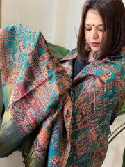 Peacock Woven Zari Pashmina Shawl with Kaani Design Border & Pallu