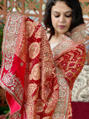 Orange, Red Handwoven NeemZari Bareek Bandhani with Gotapatti Handwork in Pure Georgette