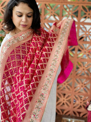 Pink Handwoven NeemZari Bareek Bandhani with Gotapatti Handwork in Pure Georgette