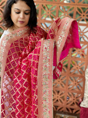Pink Handwoven NeemZari Bareek Bandhani with Gotapatti Handwork in Pure Georgette