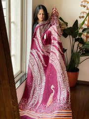 Handpainted & Batik Hand Dyed Dupatta in Handwoven Mul Silk