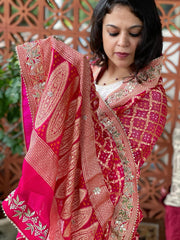 Pink Handwoven NeemZari Bareek Bandhani with Gotapatti Handwork in Pure Georgette