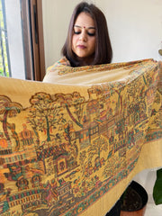 Yellow Woven Zari Pashmina Shawl with Kaani Design Border & Pallu