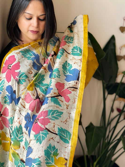 Handpainted & Batik Hand Dyed Dupatta in Handwoven Mul Silk