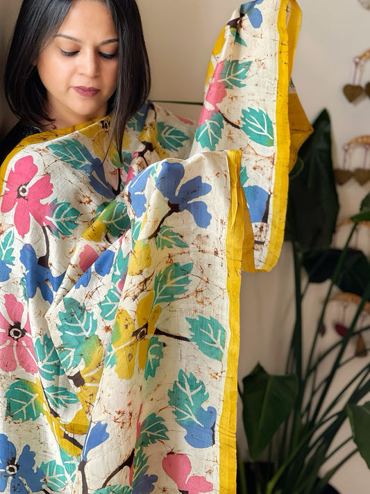 Handpainted & Batik Hand Dyed Dupatta in Handwoven Mul Silk