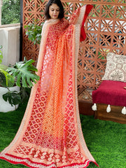 Red, Orange Handwoven NeemZari Bareek Bandhani with Gotapatti Handwork in Pure Georgette