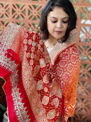 Red, Orange Handwoven NeemZari Bareek Bandhani with Gotapatti Handwork in Pure Georgette