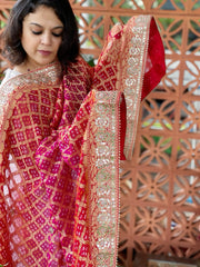 Pink, Red Handwoven NeemZari Bareek Bandhani with Gotapatti Handwork in Pure Georgette