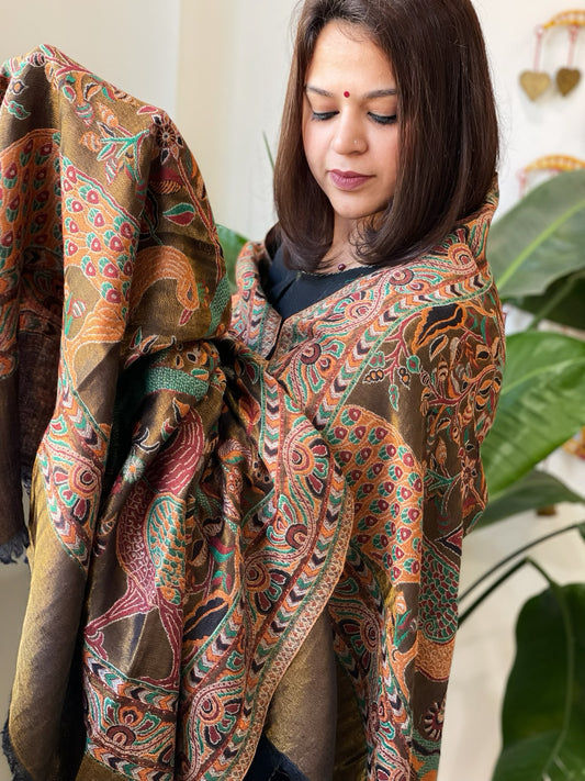 Black Woven Zari Pashmina Shawl with Kaani Design Border & Pallu