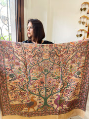 Peachish Pink Woven Zari Pashmina Shawl with Kaani Design Border & Pallu