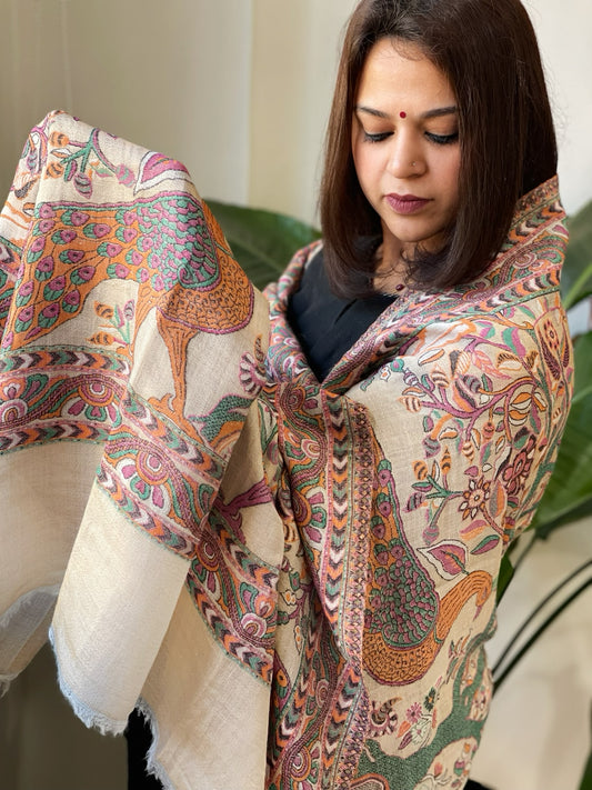 Gold Woven Zari Pashmina Shawl with Kaani Design Border & Pallu